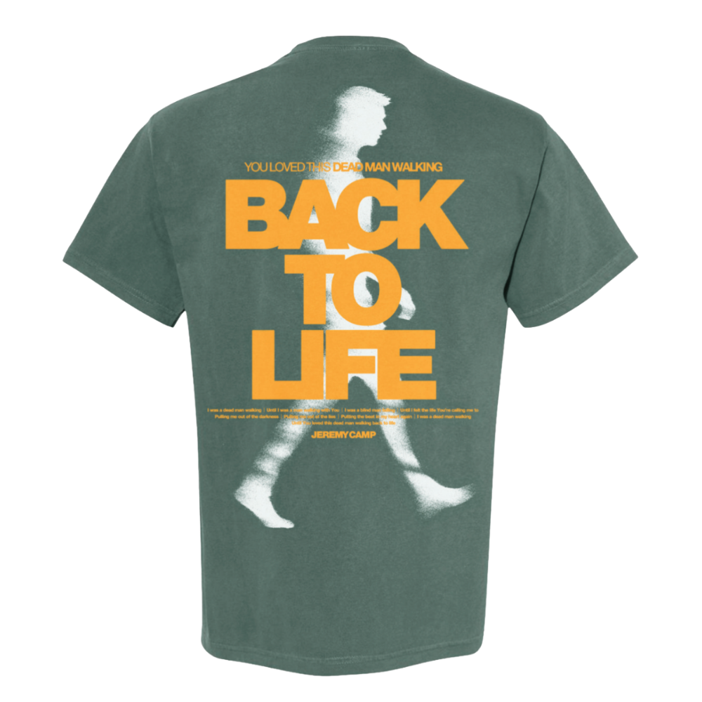 "Back To Life" T-Shirt features yellow text and a silhouette of a man on the back. This refers to Jeremy Camp's song, "Dead Man Walking"