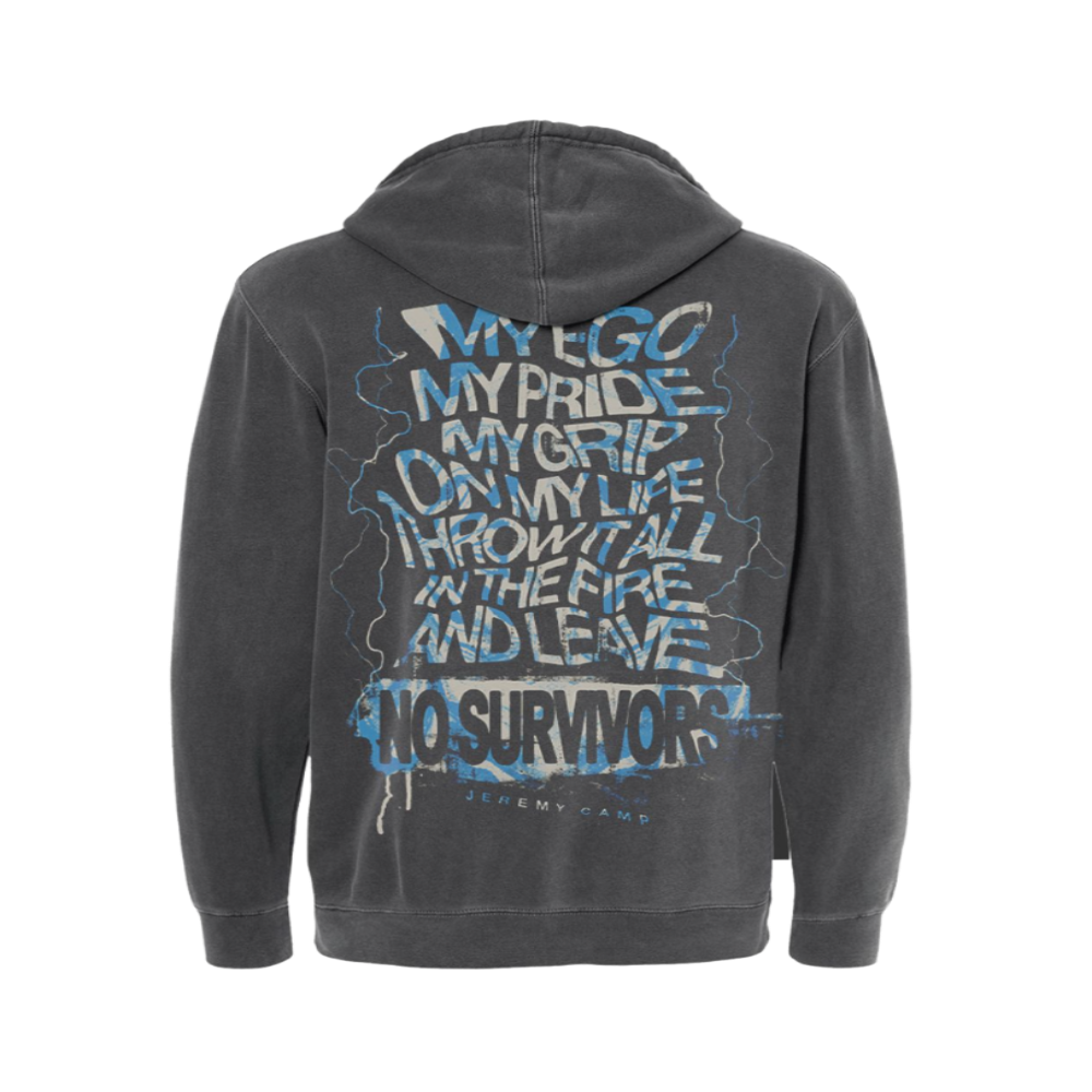 "No Survivors" Hoodie is a vintage-washed hoodie with subtle text on the front and a distressed, lyric driven graphic on the back.This refers to Jeremy Camp's song, "No Survivors"